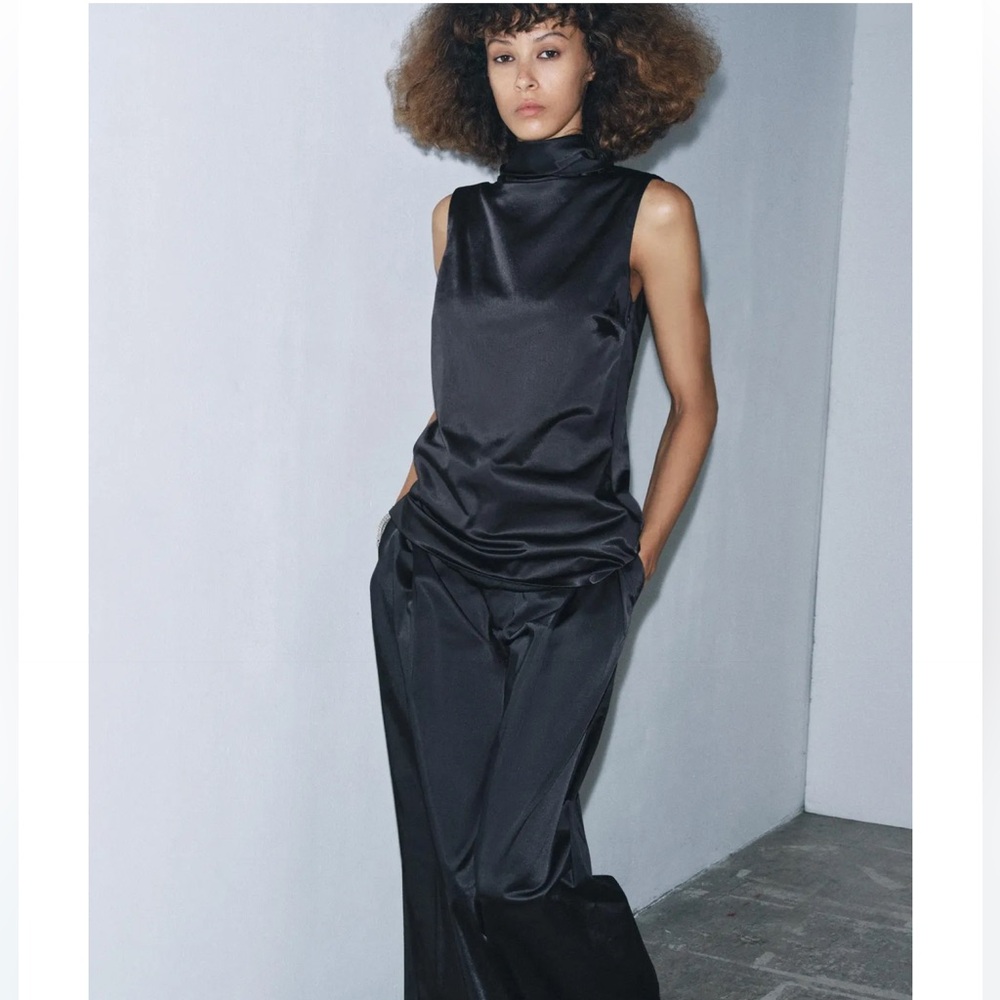 Zara NWT Black Satin Effect Top size XL